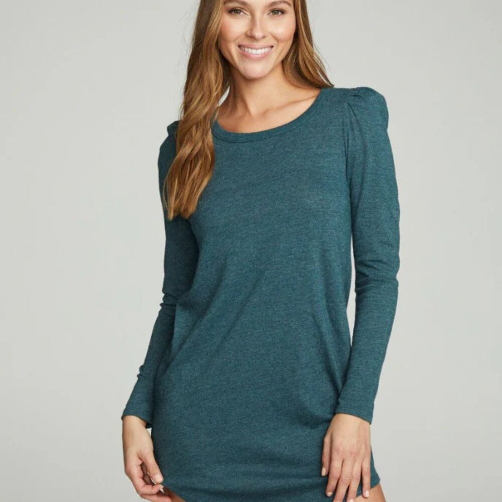 Chaser Long Sleeve Puff Shoulder Tunic Top Teal Soft Knit – Women’s S